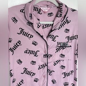 Juicy Couture Y2K Pink Logo Pajama Top Crown Print Button Up Sleep Shirt Size S